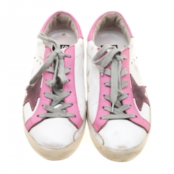Pre Owned Golden Goose White And Pink Leather Star Applique Low Top Sneakers Size 37