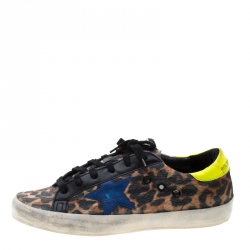Golden Goose Leopard Print Calf Hair Superstar Distressed Lace Up Sneakers Size 39