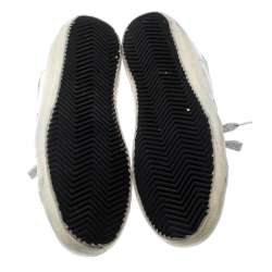 Pre Owned Golden Goose Metallic Silver Leather And White Suede Star Applique Low Top Sneakers Size 39