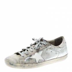 Pre Owned Golden Goose Metallic Silver Leather And White Suede Star Applique Low Top Sneakers Size 39