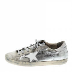 Pre Owned Golden Goose Metallic Silver Leather And White Suede Star Applique Low Top Sneakers Size 39