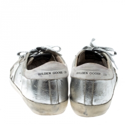 Pre Owned Golden Goose Metallic Silver Leather And White Suede Star Applique Low Top Sneakers Size 39