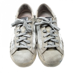 Pre Owned Golden Goose Metallic Silver Leather And White Suede Star Applique Low Top Sneakers Size 39