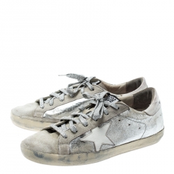 Pre Owned Golden Goose Metallic Silver Leather And White Suede Star Applique Low Top Sneakers Size 39