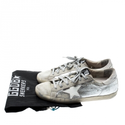 Pre Owned Golden Goose Metallic Silver Leather And White Suede Star Applique Low Top Sneakers Size 39