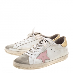 Pre Owned Golden Goose White Leather/Suede Superstar Lace Up Sneakers Size 39