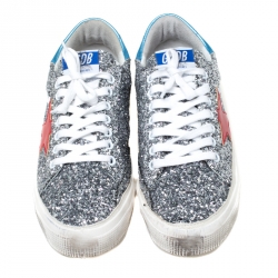 Golden Goose Metallic Silver Coarse Glitter Superstar Lace Up Sneakers Size 39