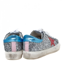 Golden Goose Metallic Silver Coarse Glitter Superstar Lace Up Sneakers Size 39