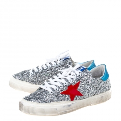 Golden Goose Metallic Silver Coarse Glitter Superstar Lace Up Sneakers Size 39