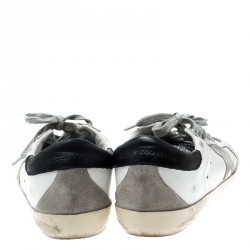 Pre Owned Golden Goose White/Silver Leather and Suede Superstar Lace Up Sneakers Size 36