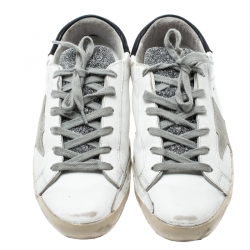 Pre Owned Golden Goose White/Silver Leather and Suede Superstar Lace Up Sneakers Size 36
