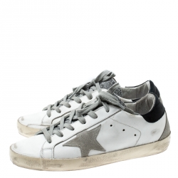 Pre Owned Golden Goose White/Silver Leather and Suede Superstar Lace Up Sneakers Size 36