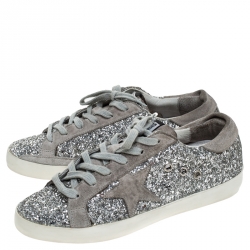 Pre Owned Golden Goose Grey/Silver Suede And Glitter Fabric Superstar Lace Up Sneakers Size 37