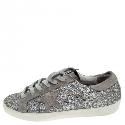 Pre Owned Golden Goose Grey/Silver Suede And Glitter Fabric Superstar Lace Up Sneakers Size 37