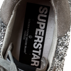 Pre Owned Golden Goose Grey/Silver Suede And Glitter Fabric Superstar Lace Up Sneakers Size 37