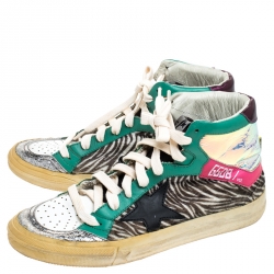 Pre Owned Golden Goose Multicolor Leather And Zebra Print Pony Hair High Top Sneakers Size 37