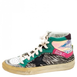 Pre Owned Golden Goose Multicolor Leather And Zebra Print Pony Hair High Top Sneakers Size 37