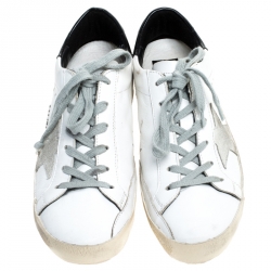 Pre Owned Golden Goose White/Silver Leather and Suede Superstar Lace Up Sneakers Size 39