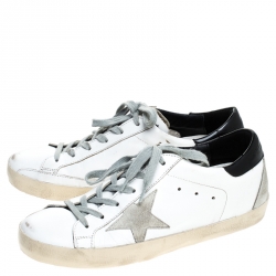 Pre Owned Golden Goose White/Silver Leather and Suede Superstar Lace Up Sneakers Size 39