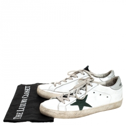 Pre Owned Golden Goose White Leather and Green Suede Superstar Lace Up Sneakers Size 38