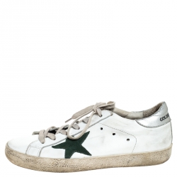 Pre Owned Golden Goose White Leather and Green Suede Superstar Lace Up Sneakers Size 38