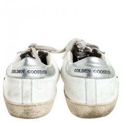 Pre Owned Golden Goose White Leather and Green Suede Superstar Lace Up Sneakers Size 38