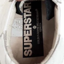 Pre Owned Golden Goose White Leather and Green Suede Superstar Lace Up Sneakers Size 38