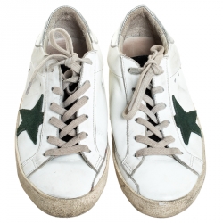 Pre Owned Golden Goose White Leather and Green Suede Superstar Lace Up Sneakers Size 38