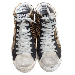 Pre Owned Golden Goose Multicolor Leather And Zebra Print Pony Hair High Top Sneakers Size 36