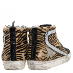 Pre Owned Golden Goose Multicolor Leather And Zebra Print Pony Hair High Top Sneakers Size 36