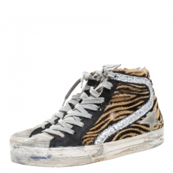 Pre Owned Golden Goose Multicolor Leather And Zebra Print Pony Hair High Top Sneakers Size 36