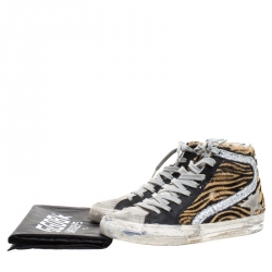 Pre Owned Golden Goose Multicolor Leather And Zebra Print Pony Hair High Top Sneakers Size 36