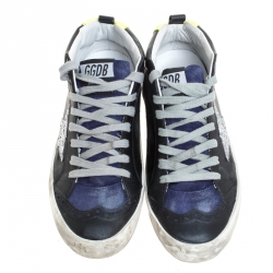 Pre Owned Golden Goose Black/Blue Leather And Suede Star Applique Low Top Sneakers Size 36