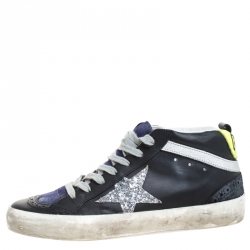 Pre Owned Golden Goose Black/Blue Leather And Suede Star Applique Low Top Sneakers Size 36