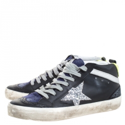 Pre Owned Golden Goose Black/Blue Leather And Suede Star Applique Low Top Sneakers Size 36