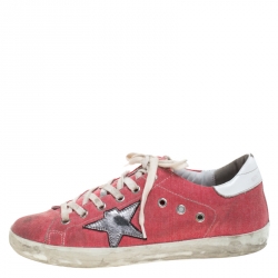 Golden Goose Pink Denim And Metallic Silver Star Applique Low Top Sneakers Size 39