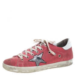 Golden Goose Pink Denim And Metallic Silver Star Applique Low Top Sneakers Size 39