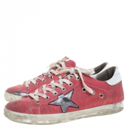 Golden Goose Pink Denim And Metallic Silver Star Applique Low Top Sneakers Size 39