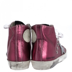 Pre Owned Golden Goose Pink Foil Fabric And Silver Star Leather Francy Sneaker Size 39