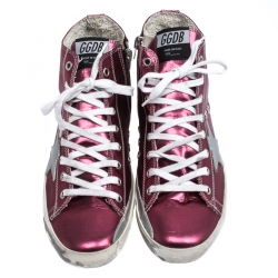 Pre Owned Golden Goose Pink Foil Fabric And Silver Star Leather Francy Sneaker Size 39