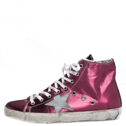 Pre Owned Golden Goose Pink Foil Fabric And Silver Star Leather Francy Sneaker Size 39