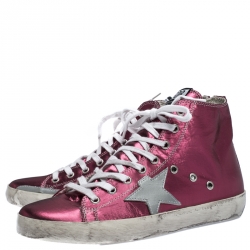 Pre Owned Golden Goose Pink Foil Fabric And Silver Star Leather Francy Sneaker Size 39
