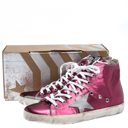 Pre Owned Golden Goose Pink Foil Fabric And Silver Star Leather Francy Sneaker Size 39