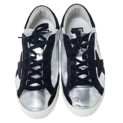 Golden Goose Silver Leather And Black Suede Distressed Star Low Top Sneakers Size 39