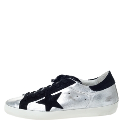 Golden Goose Silver Leather And Black Suede Distressed Star Low Top Sneakers Size 39
