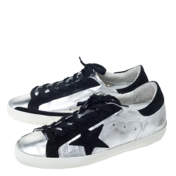 Golden Goose Silver Leather And Black Suede Distressed Star Low Top Sneakers Size 39