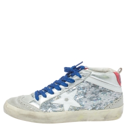 Pre Owned Golden Goose Grey/Silver Sequins Suede Leather Mid Star High Top Sneakers Size 36