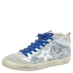 Pre Owned Golden Goose Grey/Silver Sequins Suede Leather Mid Star High Top Sneakers Size 36
