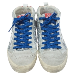 Pre Owned Golden Goose Grey/Silver Sequins Suede Leather Mid Star High Top Sneakers Size 36