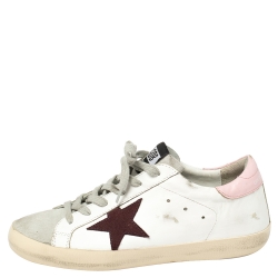 Pre Owned Golden Goose White Leather And Suede Star Superstar Lace Up Sneakers Size 39